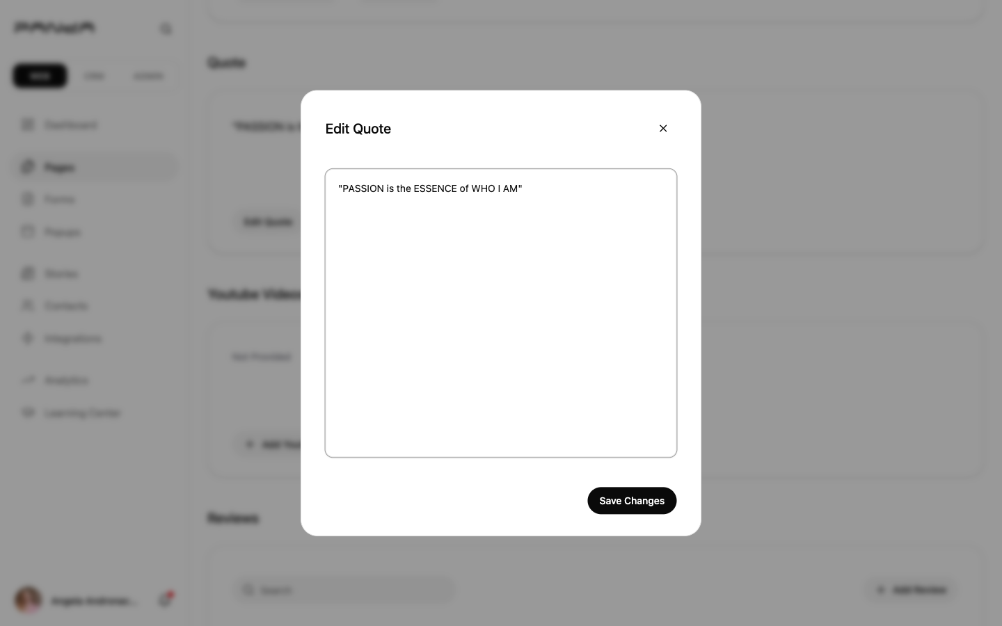 Edit Quote dialog in Panda IDX dashboard showing a textarea with the quote PASSION is the ESSENCE of WHO I AM and a Save Changes button