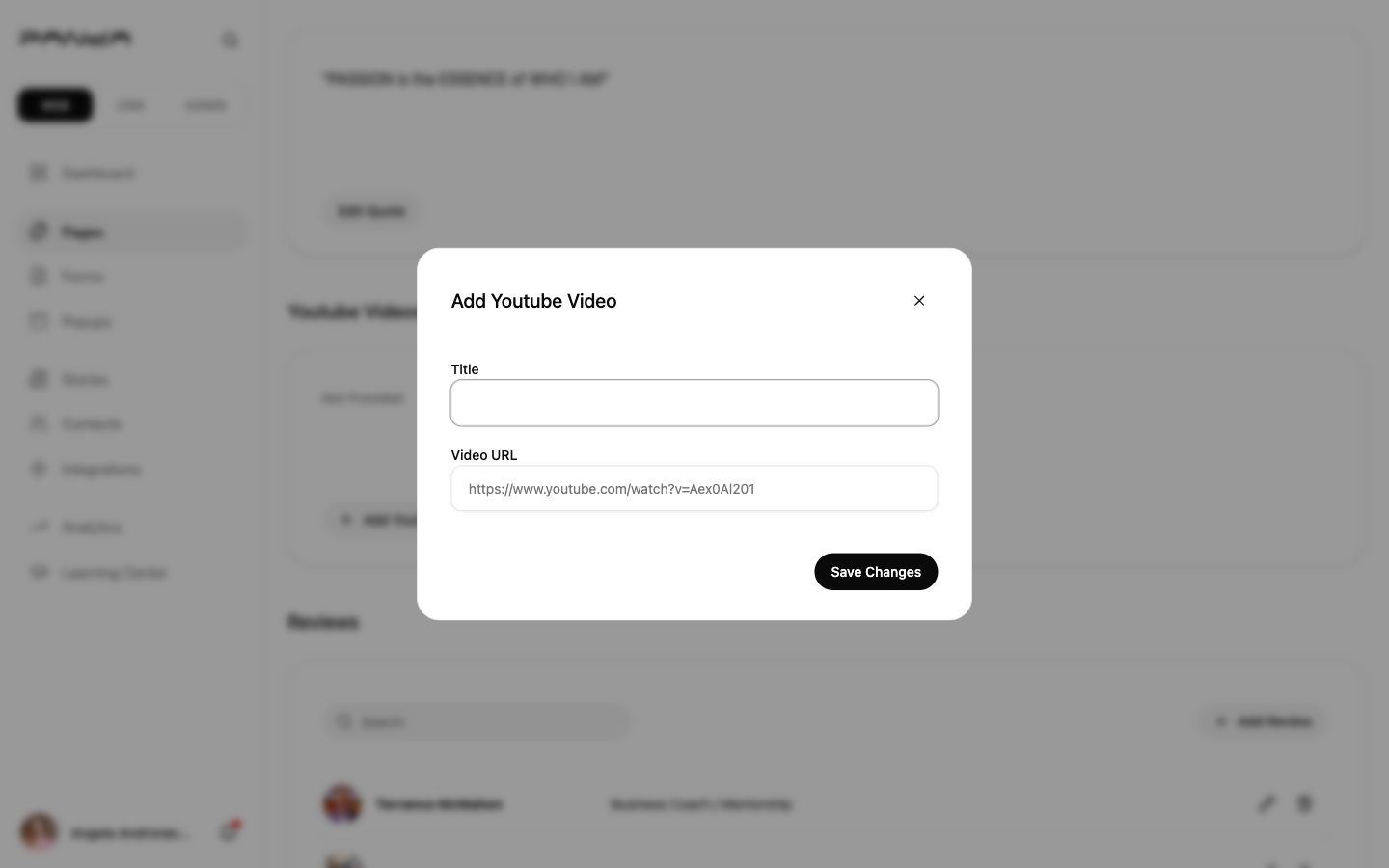 Add Youtube Video dialog showing Title text input field and Video URL field with a YouTube placeholder URL example and Save Changes button