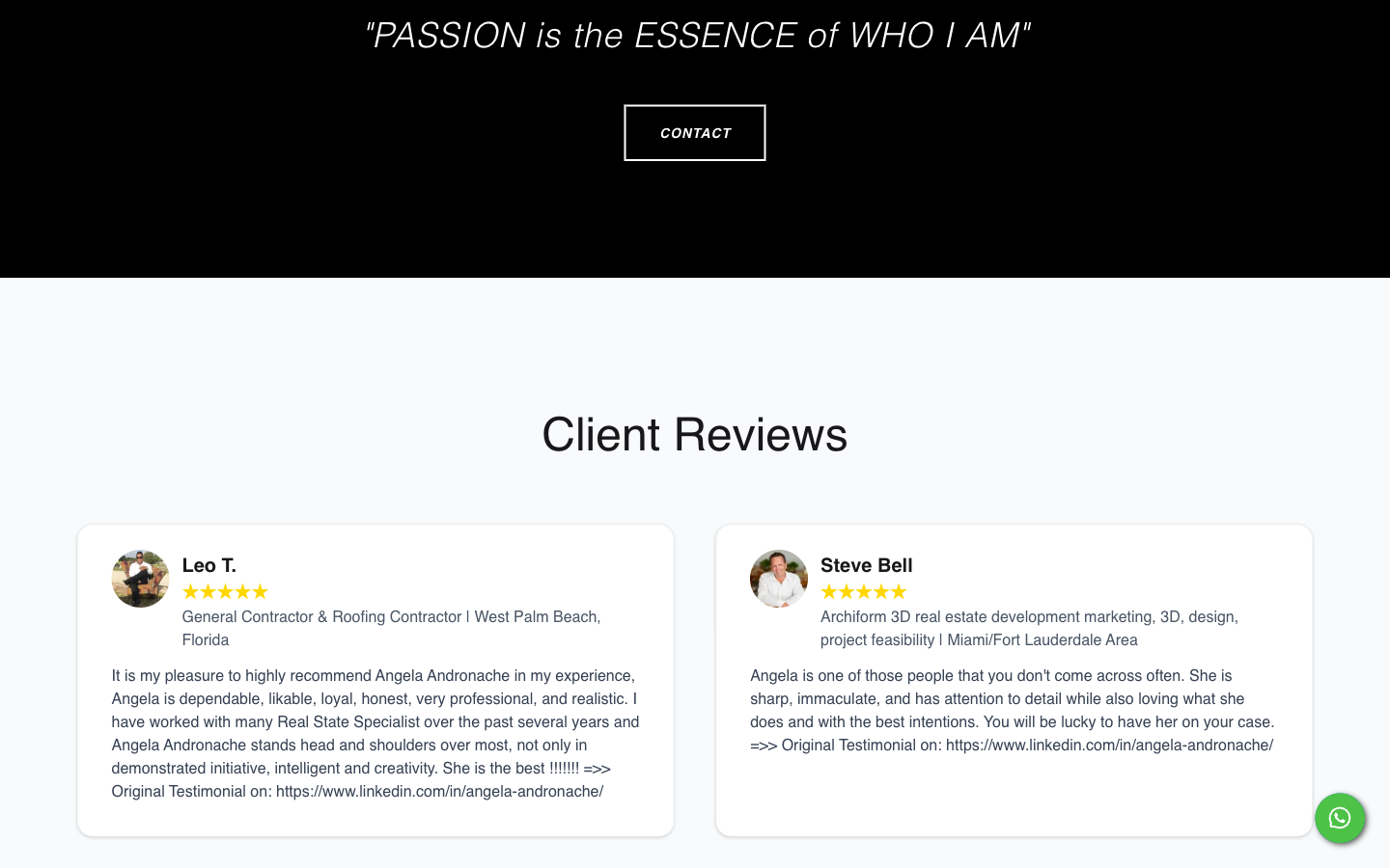 Live profile page mid-section showing quote PASSION is the ESSENCE of WHO I AM with a Contact button followed by Client Reviews heading and two review cards from Leo T and Steve Bell with five-star ratings